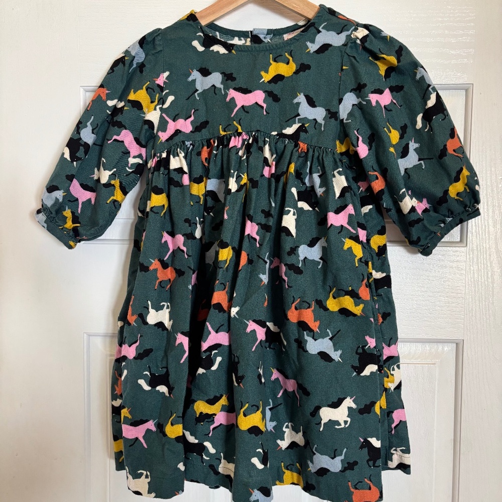 Hanna Anderson Dress Girls Size 6-7 Flannel Unicorn Printed Green